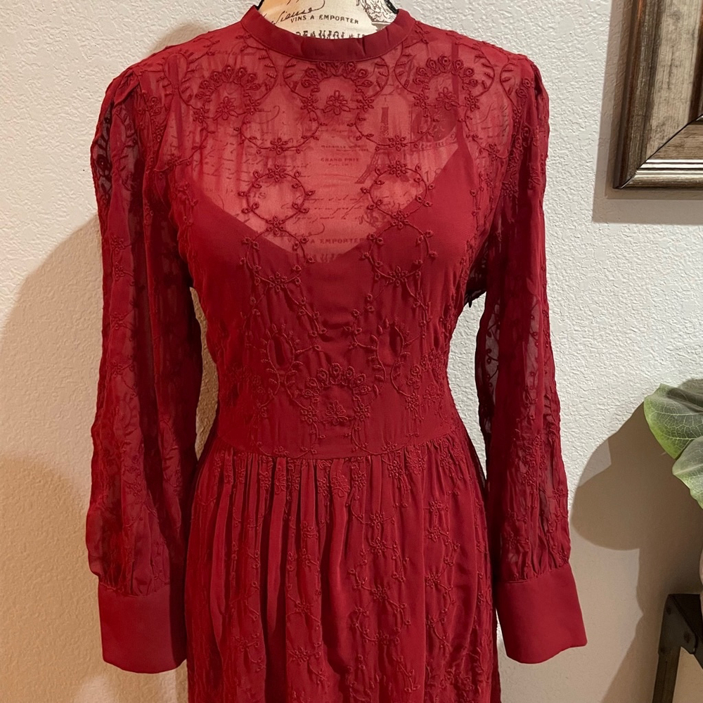 NWOT J.Crew Embroidered Long Sleeve Midi Dress Size 12 Ruby Red Eyelet Hem